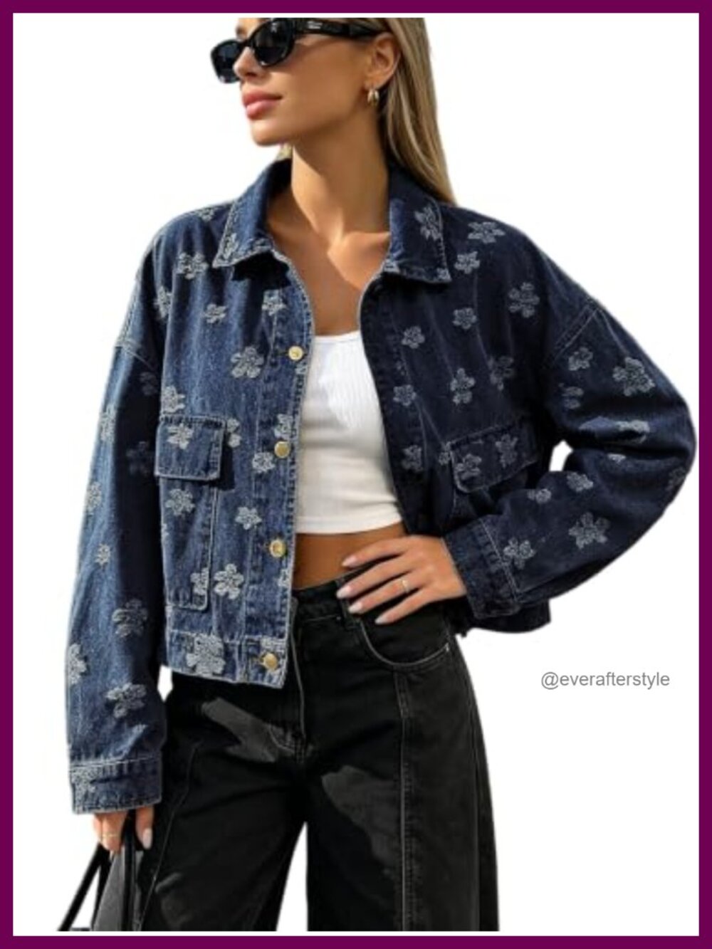 Womens Floral Embroidery Cropped Denim Jacket Button Down